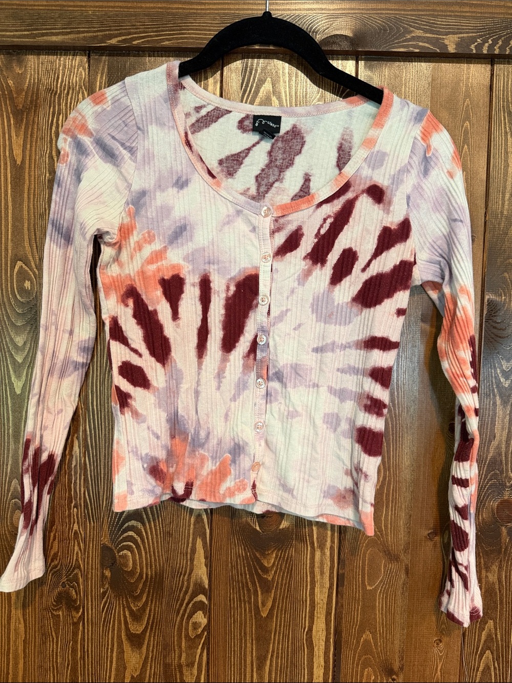 Girls' Tie-Dye Ribbed Button-Front Long Sleeve Top - Multi Color